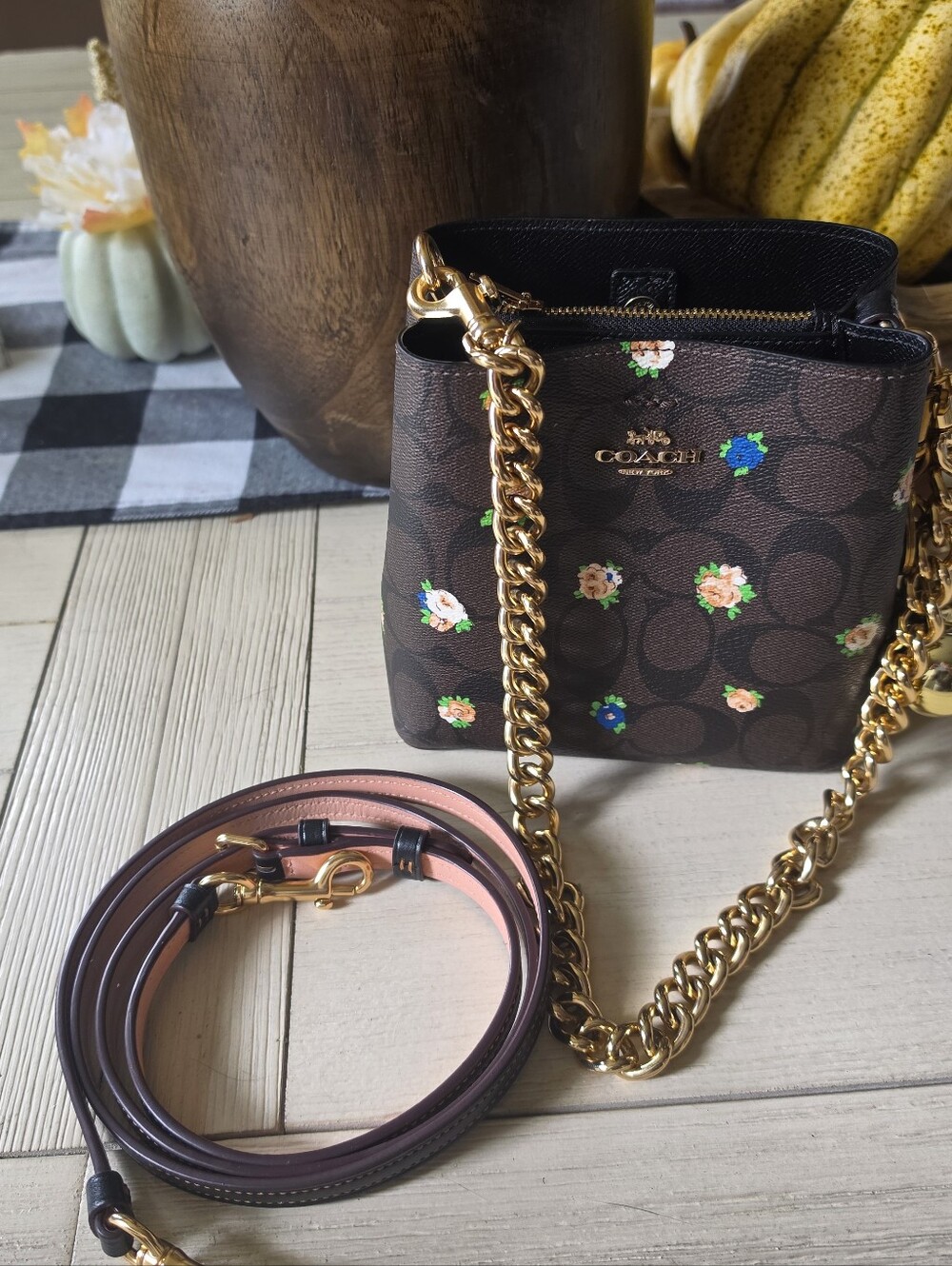 COACH Brown Signature Floral Chain Crossbody Bag with Gold Hardware